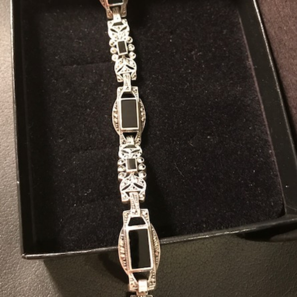Vintage Marcasite, Onyx, 825 silver link bracelet